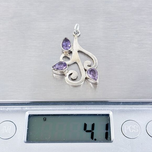 Vintage Sterling Silver 925 Teardrop Amethyst Scroll Pendant - Picture 5 of 6
